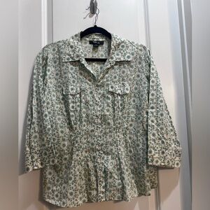 Style &co White/green Floral Button Down Shirt 10Pet 3/4 Sleeves Pockets